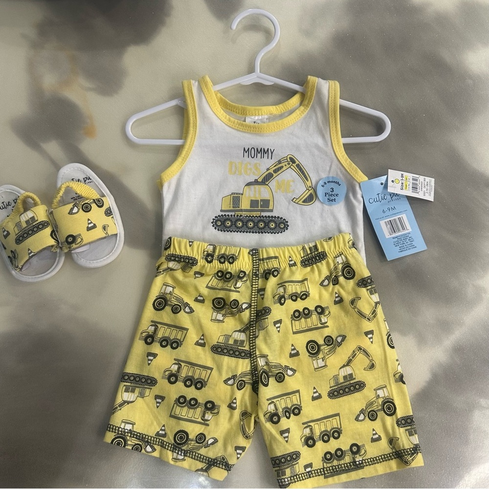 Cutie Pie Yellow Construction Kids Matching 3 Piece Set | 6-9 Months